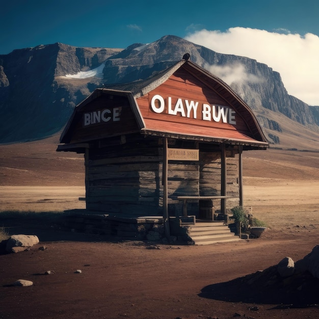 Cabana de madeira no meio do deserto com montanhas ao fundo