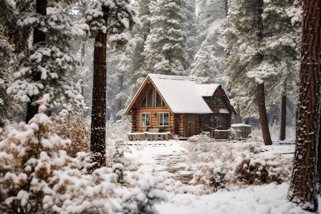 Cabana de madeira rústica aninhada em uma clareira de floresta coberta de neve