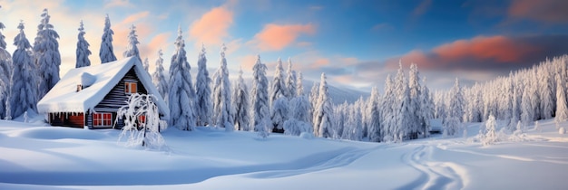 Cabana de madeira rústica em uma floresta coberta de neve