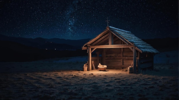 Foto cabana de madeira sob um céu noturno estrelado com a via láctea visível