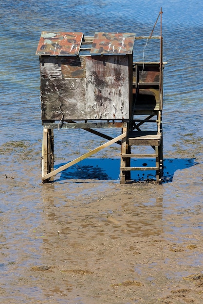 Foto cabana de madeira sobre palafitas na enseada de kairua