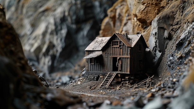 Cabana de mineração de madeira em miniatura em uma paisagem rochosa