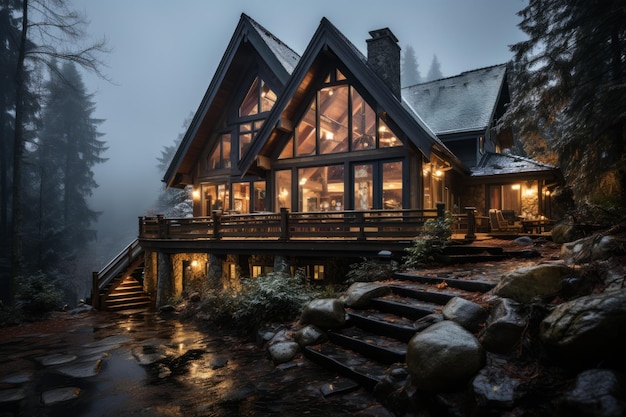 Cabana de montanha com neve, refúgio de inverno, conforto de férias, foto de alta qualidade