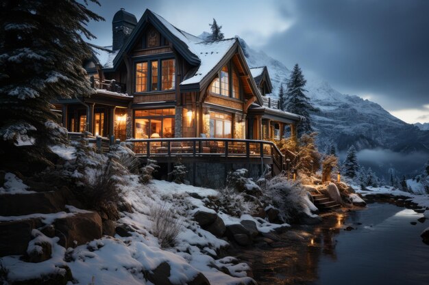 Cabana de montanha com neve, refúgio de inverno, conforto de férias, foto de alta qualidade