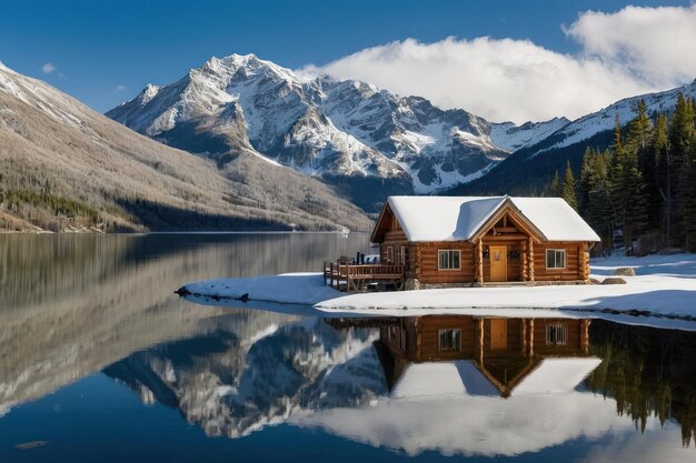 Cabana de montanha junto a um lago refletor calmo ao pôr-do-sol