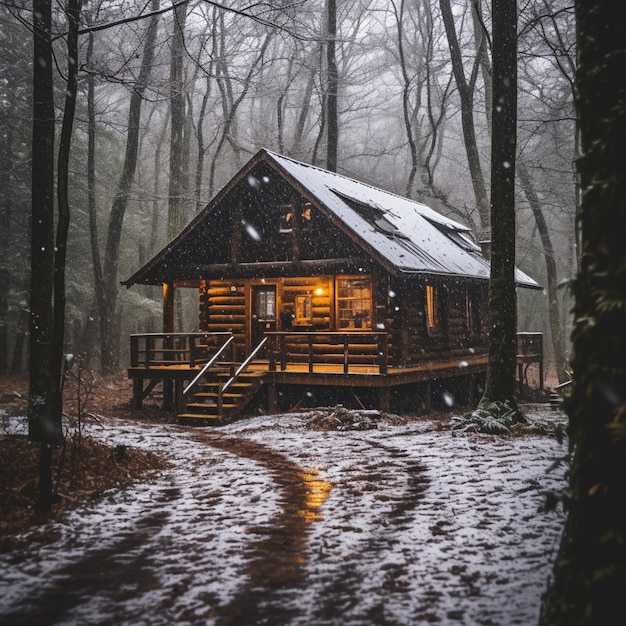 Foto cabana de neve na floresta com uma varanda e degraus que levam a ela generativa ai