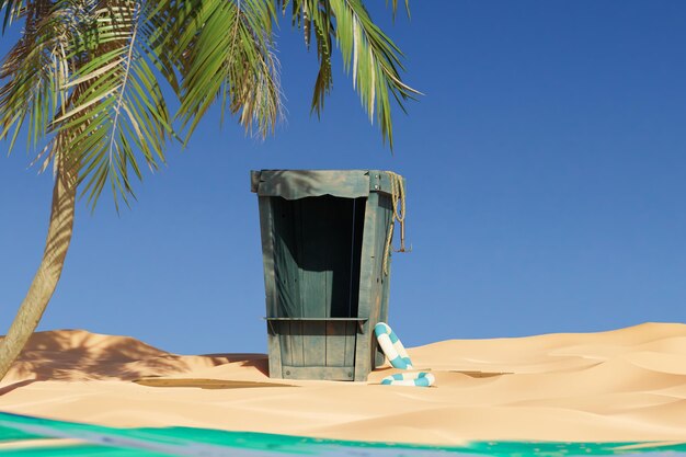 Cabana de praia com uma prancha na areia d render