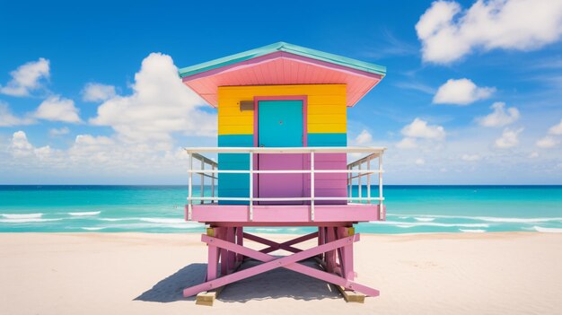 Cabana de salva-vidas colorida na praia de Miami