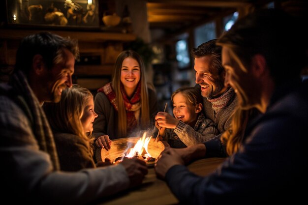 Cabana dos Alpes Suíços Momentos familiares aconchegantes junto a uma lareira rústica no inverno