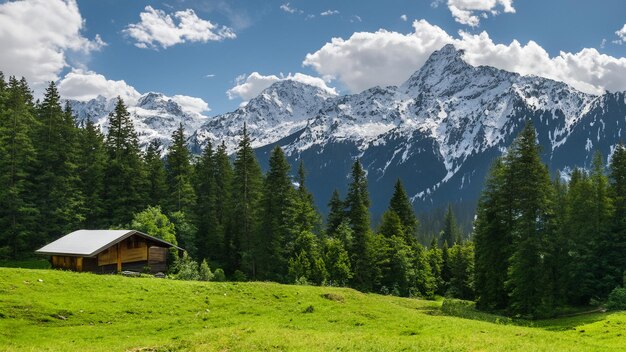 Una cabaña enclavada en las montañas rodeada de exuberante vegetación y nieve Generative Ai