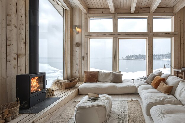Foto cabaña escandinava con una estufa de leña y muebles minimalistas
