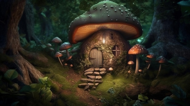 Cabaña de hongos de fantasía en un prado colorido