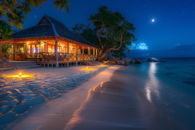 Cabaña iluminada por la luna en la playa