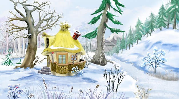 Cabaña en una ilustración de bosque de invierno