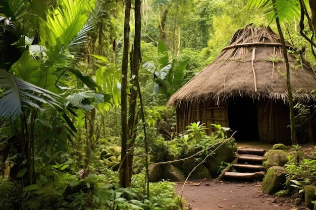 Una cabaña indígena tradicional enclavada en un bosque.