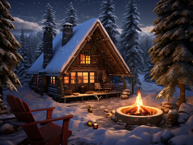 cabaña de invierno en un bosque nevado con una chimenea caliente