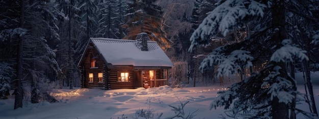 Cabaña de invierno nevada en un bosque acogedor
