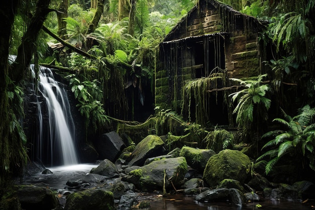 una cabaña en la jungla con cascada Generative Ai
