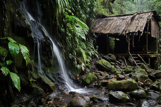 Foto una cabaña en la jungla con cascada generative ai