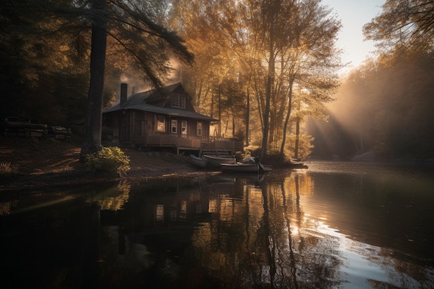 Una cabaña junto al lago al atardecer.