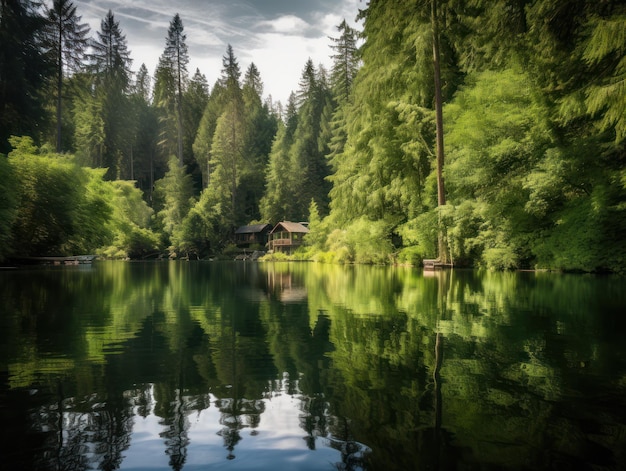 Una cabaña junto al lago en el bosque.