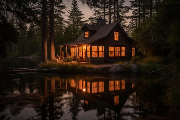 Una cabaña junto al lago por la noche.