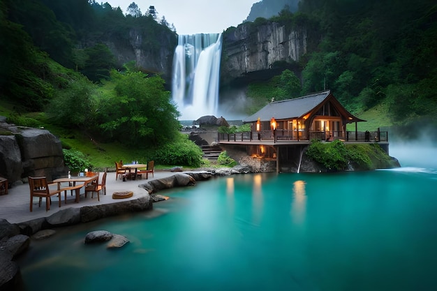 una cabaña junto a la cascada