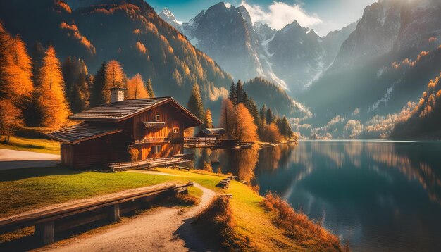 Foto una cabaña junto a un lago con una montaña en el fondo