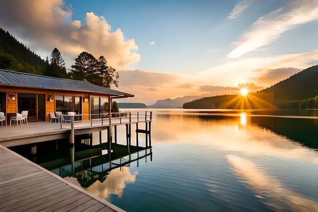 Foto una cabaña en un lago con un atardecer de fondo