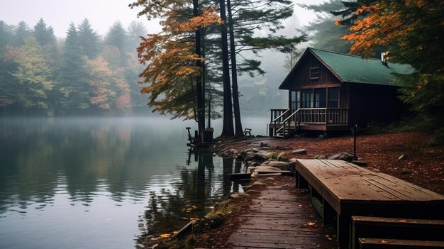 una cabaña en un lago con una cabañas en el fondo