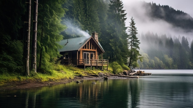 una cabaña en un lago con una cabañas en el fondo