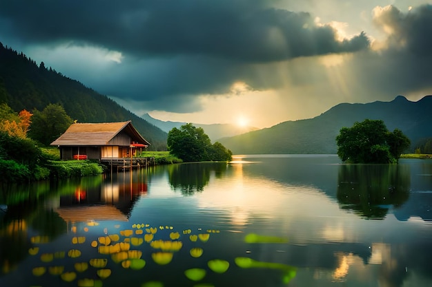 una cabaña en un lago con flores amarillas en primer plano.