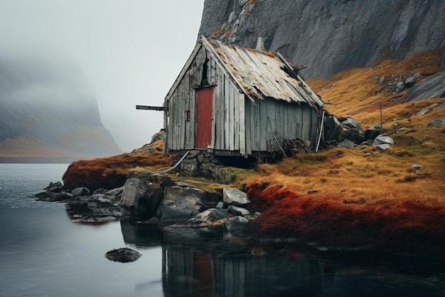 Una cabaña en un lago de montaña.