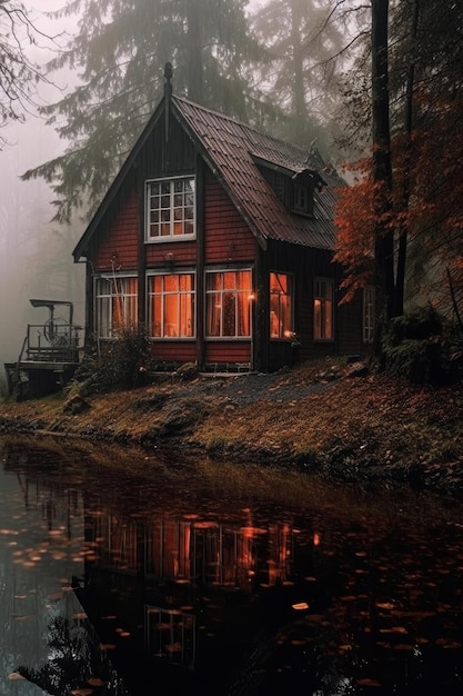 La cabaña con luces en el bosque bajo la lluvia.