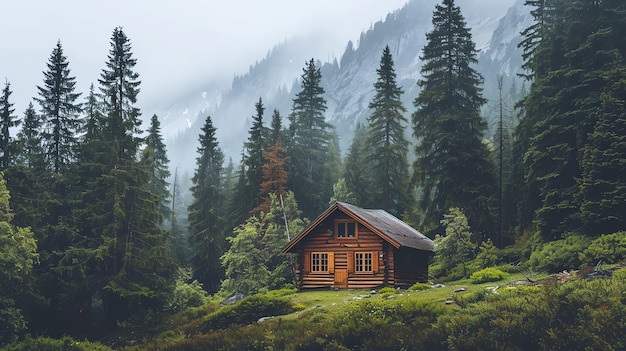 Una cabaña de madera aislada en un bosque exuberante el lugar perfecto para relajarse y escapar del ajetreo y el bullicio de la vida cotidiana