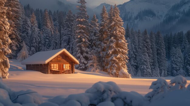 Cabana de madera aislada en el bosque nevado en el resplandor del crepúsculo
