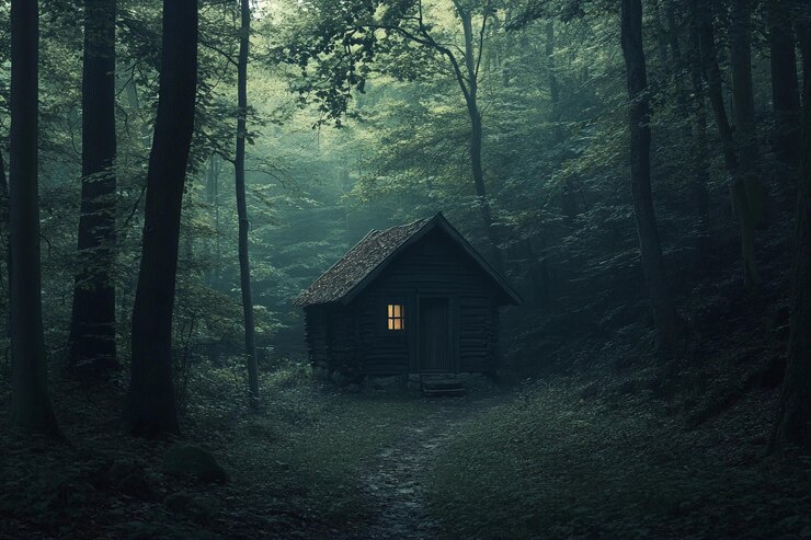 Una cabaña de madera aislada se encuentra en un denso bosque con un caloroso resplandor de una ventana