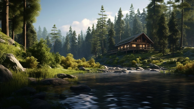 Cabaña de madera al lado de un río en el medio del bosque