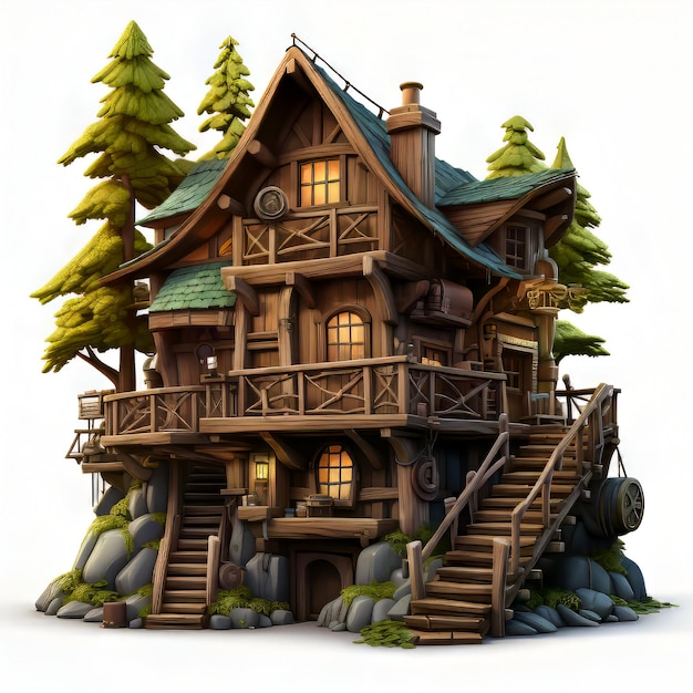 Cabaña de madera en el bosque 3D render Ilustración.