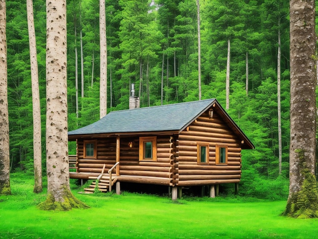 Una cabaña de madera en el bosque con un bosque verde en el fondo ai generado