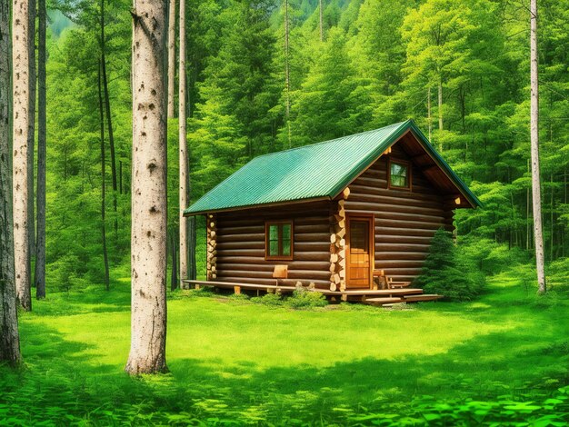 Una cabaña de madera en el bosque con un bosque verde en el fondo ai generado