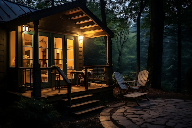 Cabaña de madera en el bosque por la noche