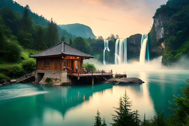 una cabaña de madera con una cascada en el fondo