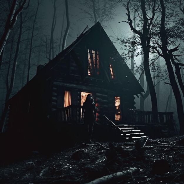 Foto una cabaña de madera espeluznante en el bosque oscuro.