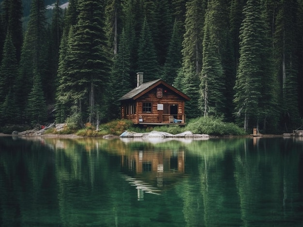 Una cabaña de madera junto al lago en el bosque de pinos Ai generativo