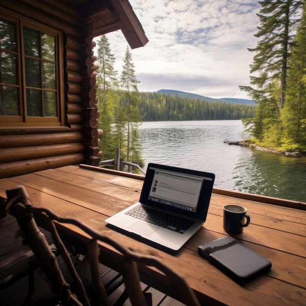 Una cabaña de madera junto a un lago en Canadá, una computadora portátil en una terraza con vista a un desierto prístino