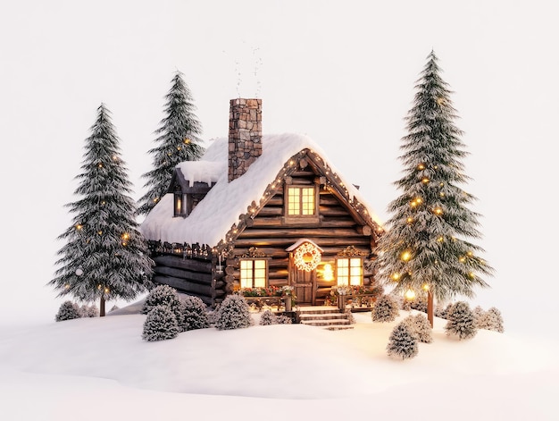 una cabaña de madera con luces de Navidad en la parte delantera y una cabana de madera en el fondo