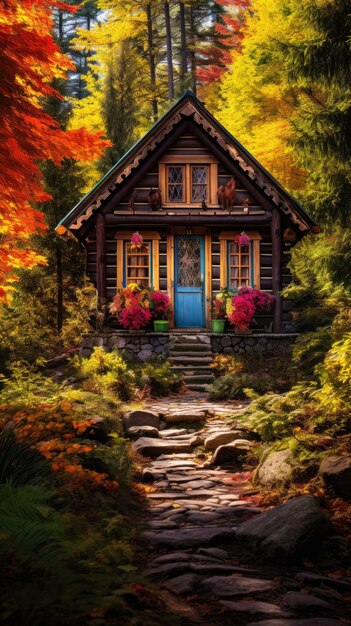 Foto una cabaña de madera en medio de un bosque colorido