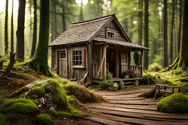 cabaña de madera en miniatura en el bosque