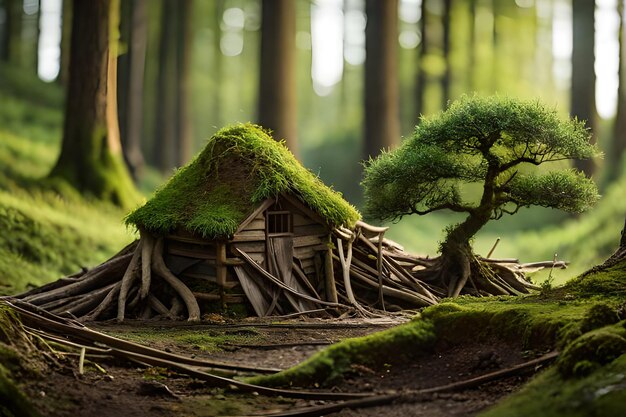 cabaña de madera en miniatura en el bosque